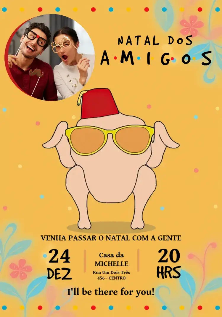 Convite Festa De Natal Friends Com Foto Amigos – tema Datas Comemorativas festivo, colorido, moderno, inspirado em série, divertido, natalino