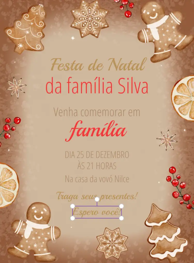 Convite Festa De Natal Gingerbread Presentes – tema Datas Comemorativas festivo, colorido, doce, vintage, tradicional, alegre