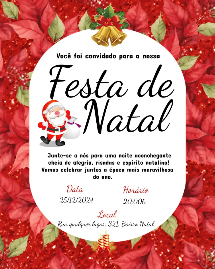 Convite Festa De Natal Glitter – tema Datas Comemorativas glitter, vermelho e verde, moderno, festivo, vintage, brilho