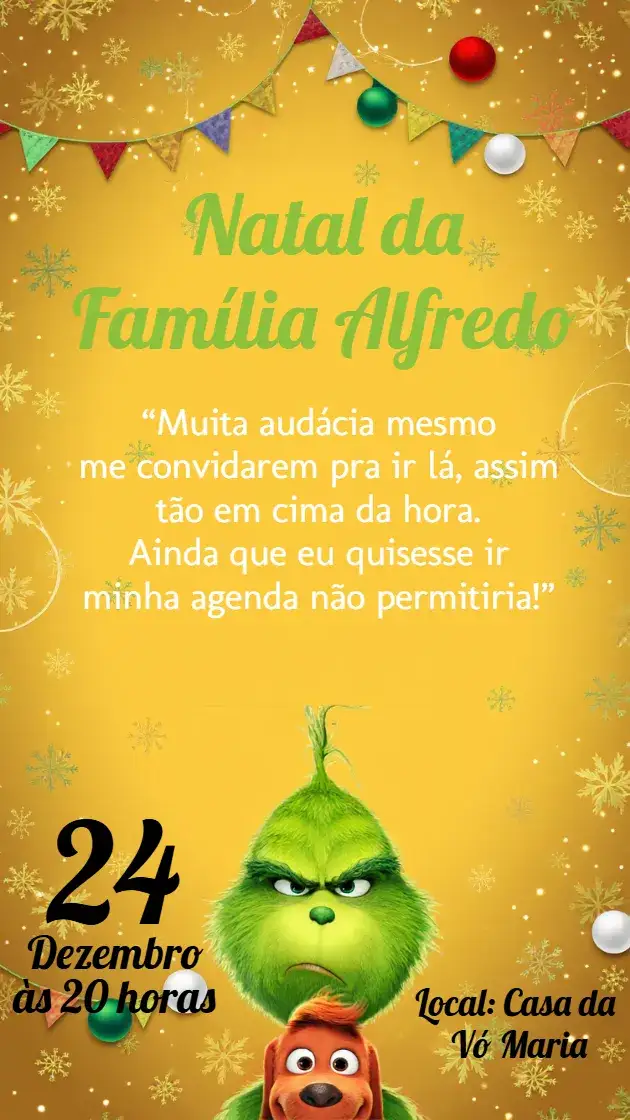 Convite Festa De Natal Grinch Verde – tema Datas Comemorativas vermelho, verde, divertido, humorístico, festivo, colorido