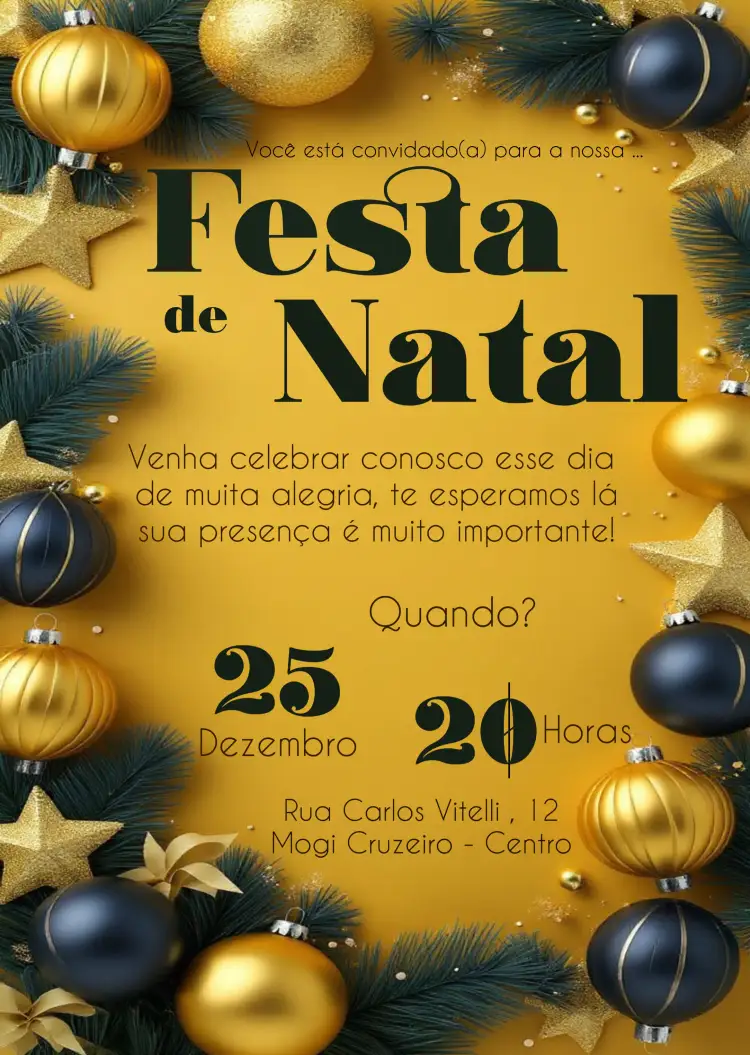 Convite Festa De Natal Natalina – tema Datas Comemorativas amarelo vibrante, festivo, Natalino, elementos gráficos de Natal, moderno, alegre