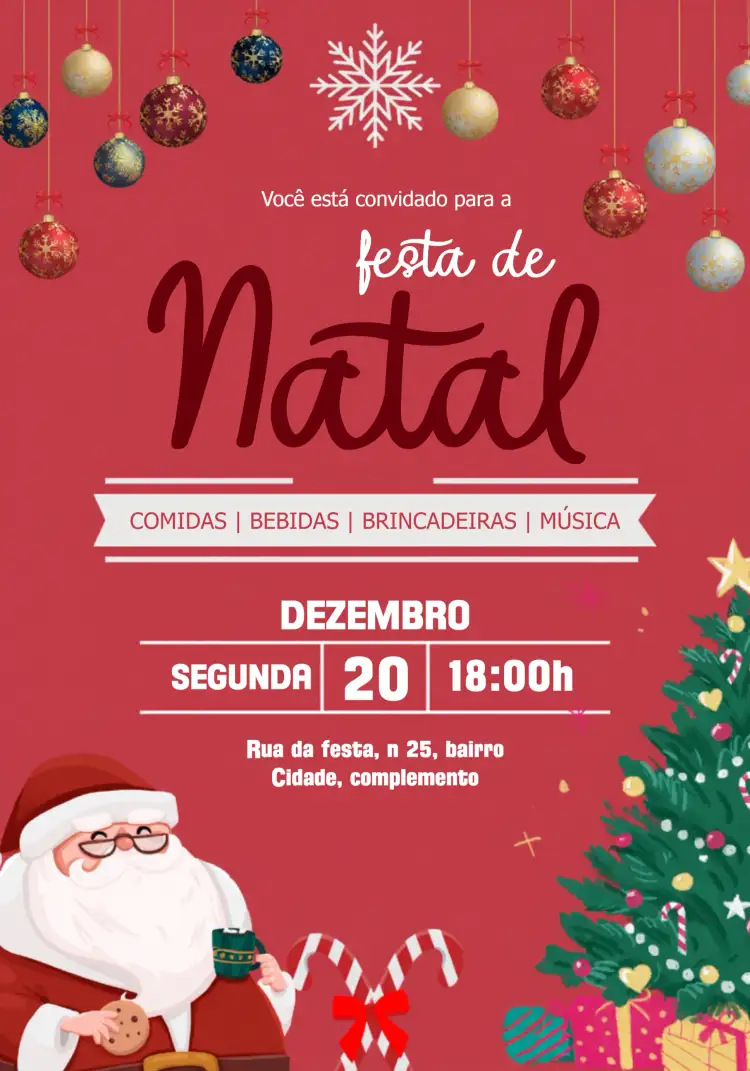 Convite Festa De Natal Noel – tema Datas Comemorativas vermelho vibrante, clássico, festivo, divertido, ilustrações natalinas, elegante