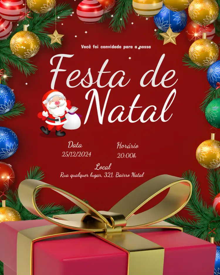 Convite Festa De Natal Noel – tema Datas Comemorativas vermelho vibrante, elementos natalinos, design festivo, estilo clássico, gráficos alegres