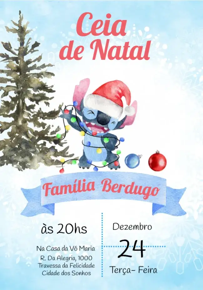 Convite Festa De Natal Stitch Ceia – tema Datas Comemorativas aquarela, festivo, colorido, divertido, Disney, tropical