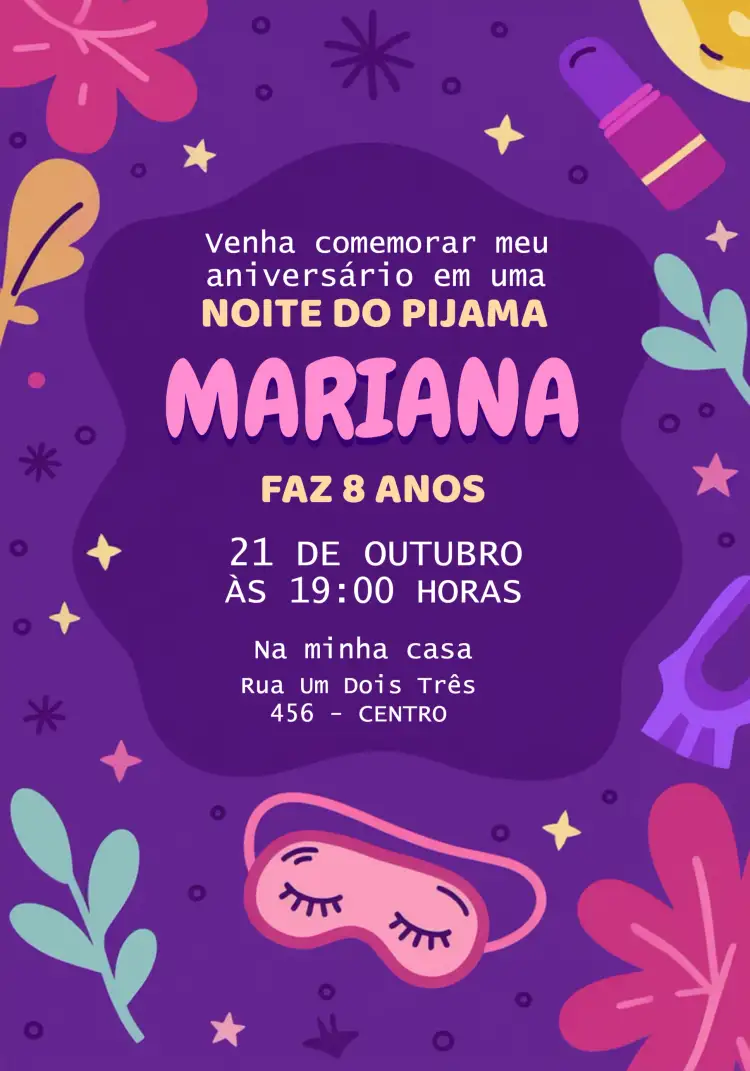 Convite Festa Do Pijama Colorido – tema Mais pesquisados colorido, divertido, lúdico, moderno, brilhante