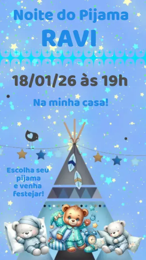 Convite Festa do Pijama – tema Aniversário colorido, lúdico, divertido, nocturno, infantil, moderno