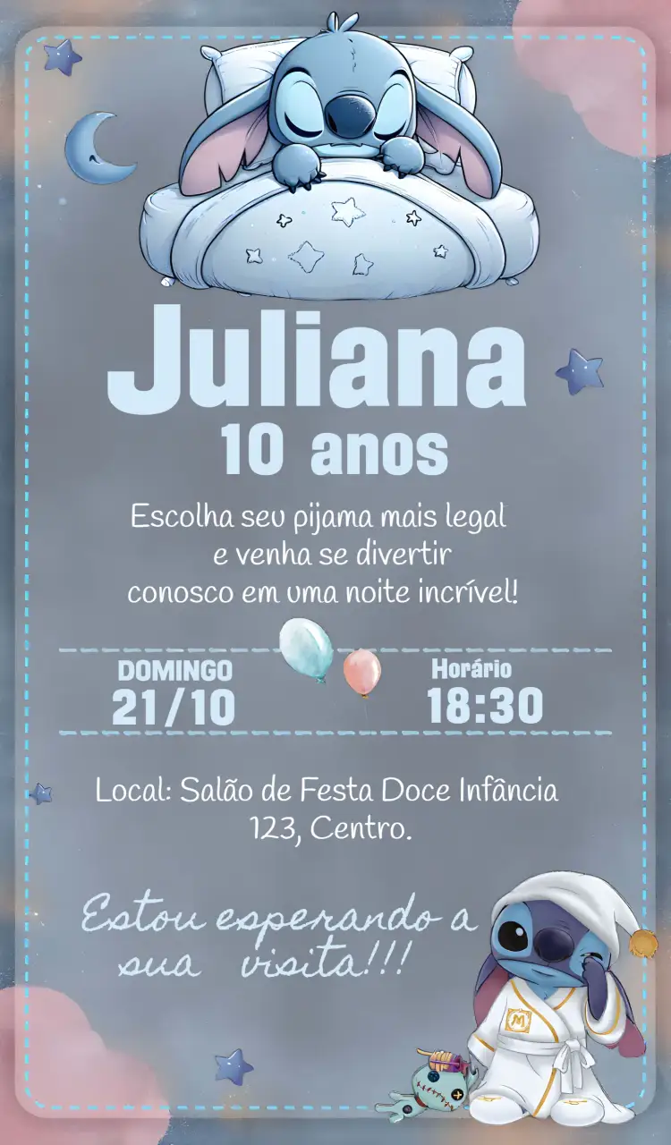 Convite Festa Do Pijama Stitch Dormindo – tema Mais pesquisados chalkboard, temática Stitch, cores azul e branco, elementos gráficos divertidos, estilo infantil, modernidade e diversão