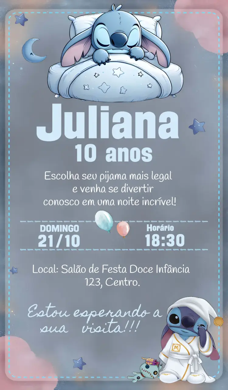 Convite Festa Do Pijama Stitch Dormindo