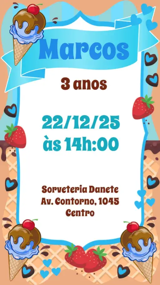 Convite Festa do Sorvete – tema Aniversário colorido, divertido, ilustrações de sorvete, estilo moderno, design lúdico, temática de verão