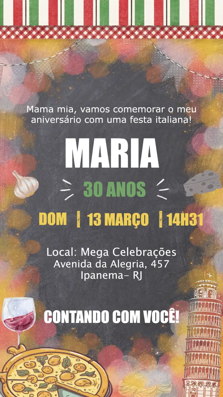 Convite Festa Italiana Massas – tema Aniversário italiano, vintage, colorido, gastronômico, divertido