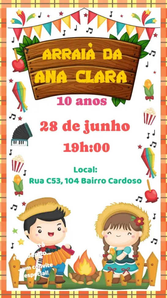 Invitación Fiesta Junina – tema Cumpleaños colorido, vintage, rústico, brasileño, divertido, temático