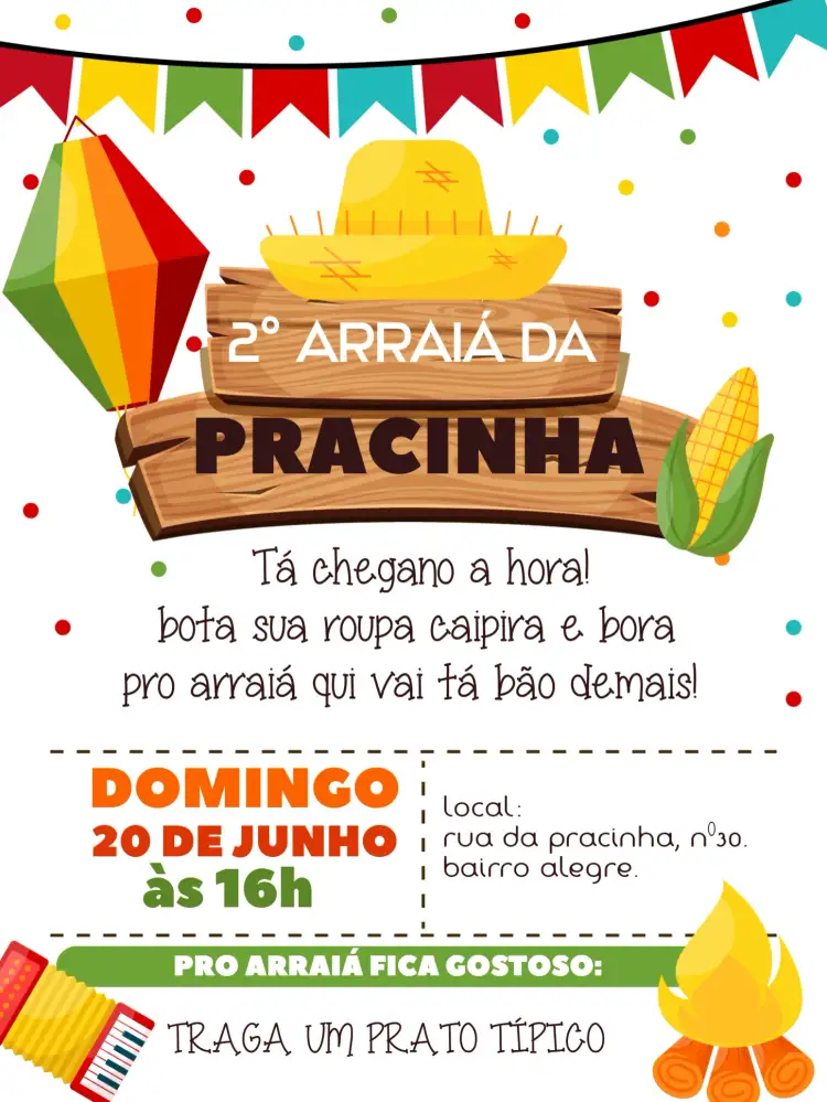 Convite Festa Junina Amor – tema Datas Comemorativas colorido, vintage, rústico, festivo, folclórico, tradicional