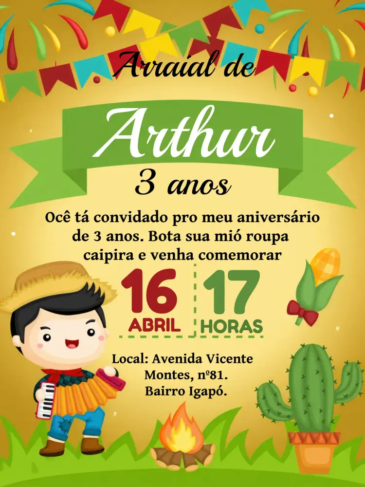 Convite Festa Junina Arraiá Amor – tema Datas Comemorativas colorido, vintage, rústico, festivo, tradicional