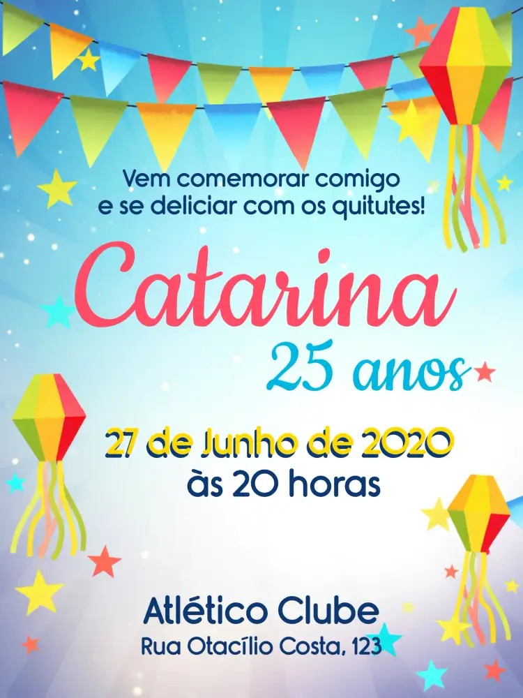 Convite Festa Junina Arraiá Bandeirinha – tema Datas Comemorativas colorido, caipira, vintage, tradicional, festivo