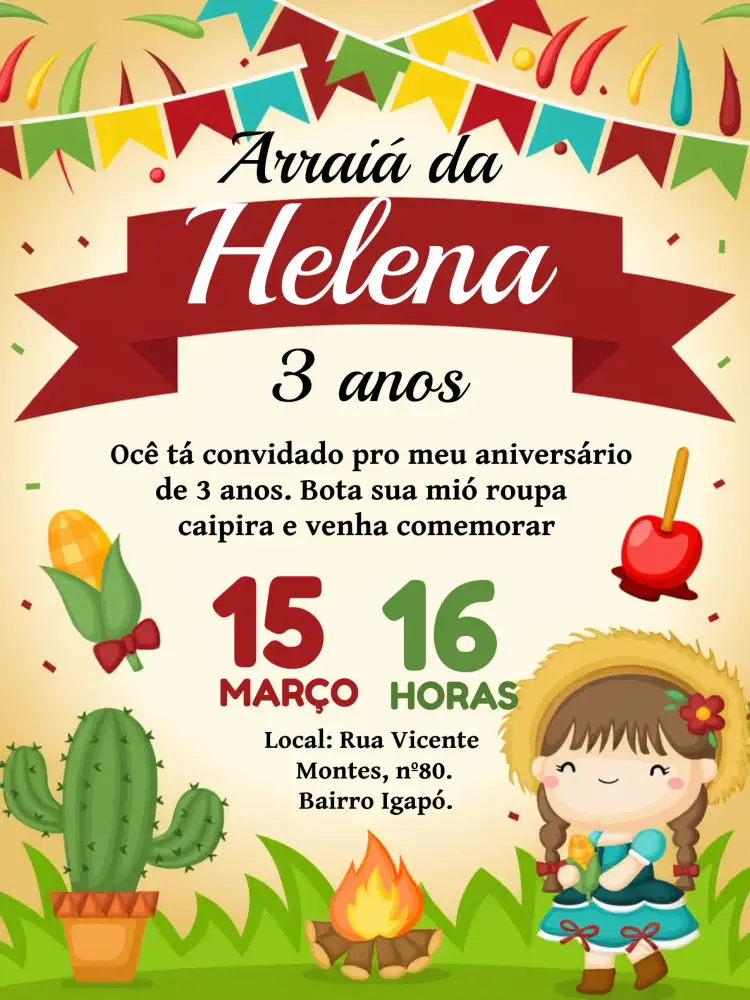 Convite Festa Junina Arraiá Bolo – tema Datas Comemorativas colorido, vibrante, junino, tradicional, rústico, festivo