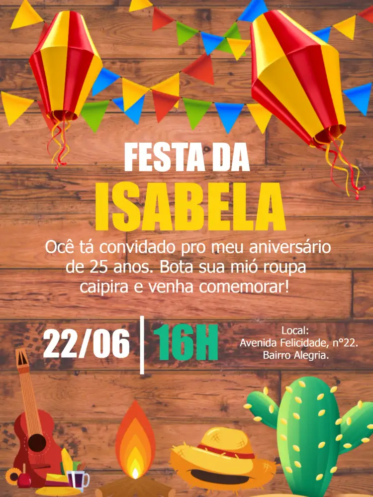Convite Festa Junina Arraiá Colorid – tema Mais pesquisados colorido, rústico, vintage, temático, festivo, tradicional