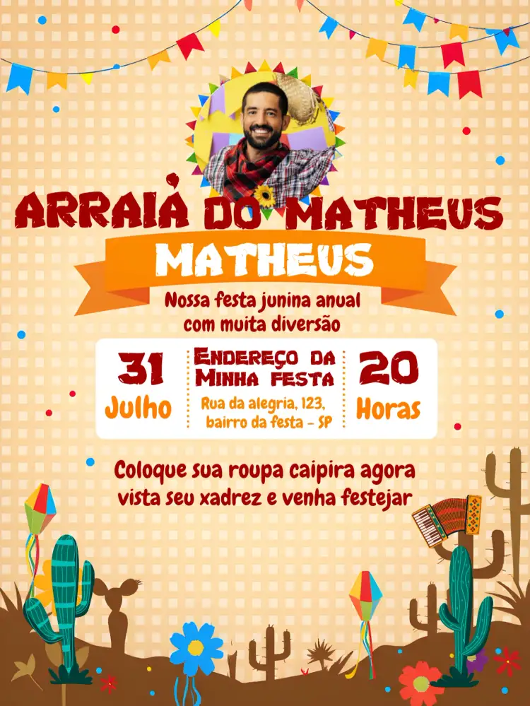 Convite Festa Junina Arraiá Com Foto Colorido – tema Datas Comemorativas colorido, tradicional, vibrante, festivo, rústico, alegre