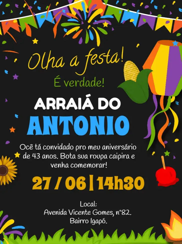 Convite Convite digital Arraiá festa junina – tema Datas Comemorativas colorido, vintage, festivo, rústico, moderno