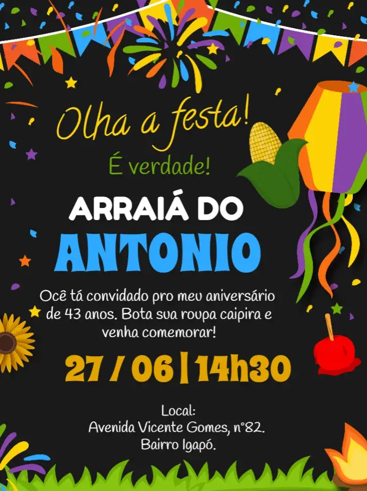 Convite Convite digital Arraiá festa junina editável e personalizável