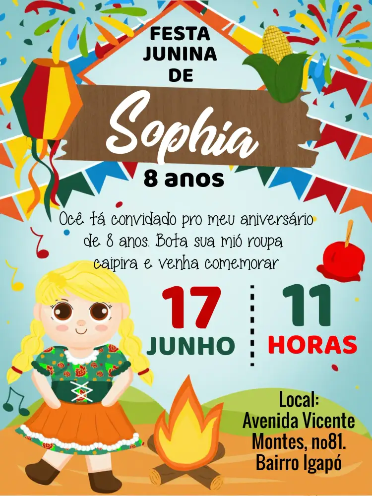 Convite Festa Junina Arraiá Elegante – tema Datas Comemorativas colorido, vibrante, temático, festivo, rústico