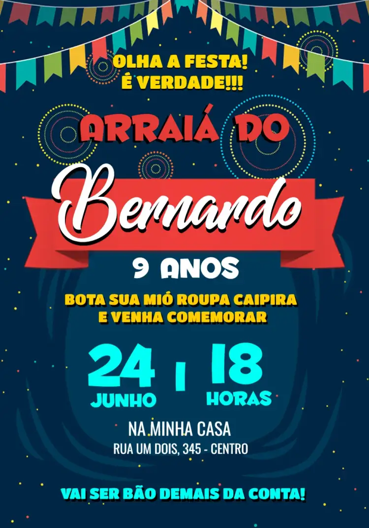 Convite Festa Junina Arraiá Festajulina – tema Aniversário colorido, tradicional, vintage, alegre, festivo