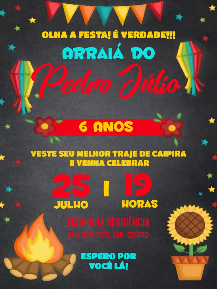 Convite Festa Junina Arraiá Festajunina – tema Aniversário colorido, festivo, rústico, brasileiro, tradicional, alegre