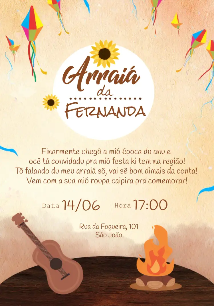 Convite Festa Junina Arraiá Flor – tema Datas Comemorativas caipira, vibrante, floral, colorido, tradicional, rústico