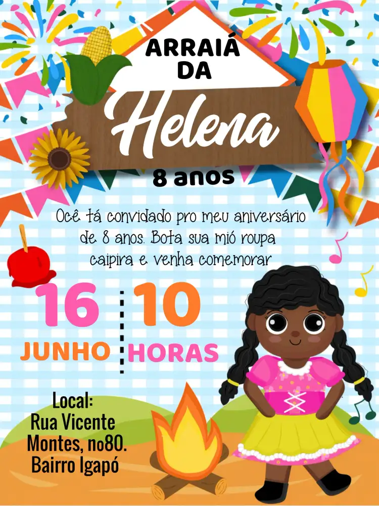 Convite Festa Junina Arraiá João – tema Datas Comemorativas colorido, vintage, rústico, festivo, temático