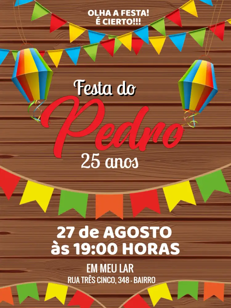 Convite Festa Junina Arraiá Julina – tema Aniversário colorido, junino, tradicional, festivo, vibrante