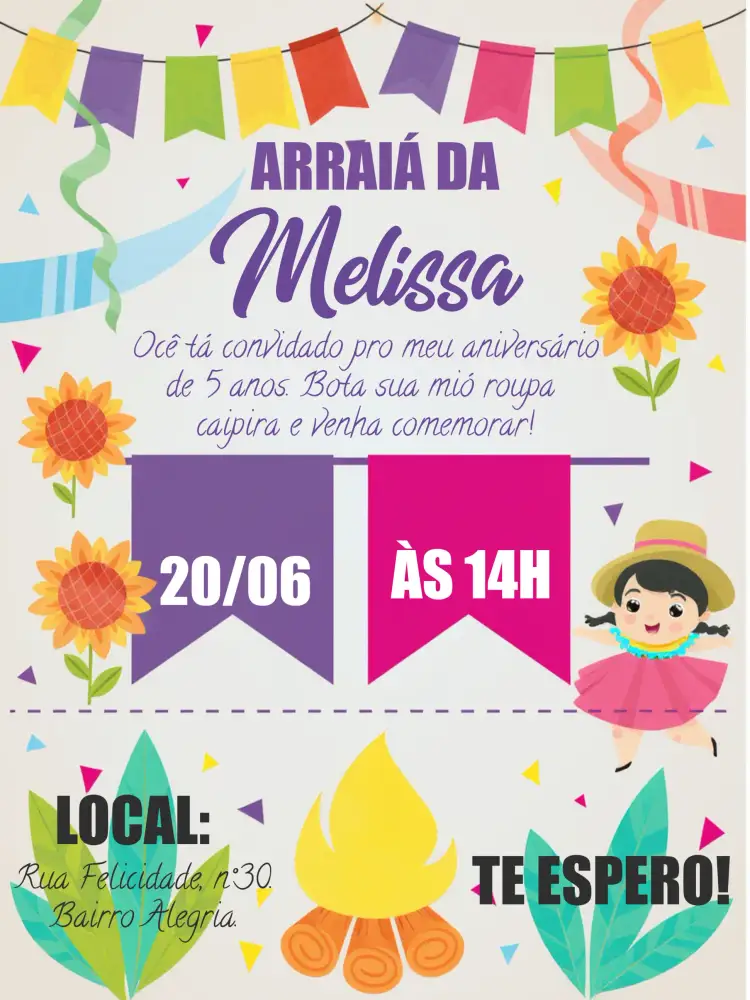 Convite Festa Junina Arraiá Menina São – tema Datas Comemorativas colorido, floral, vintage, festivo, temático, animado