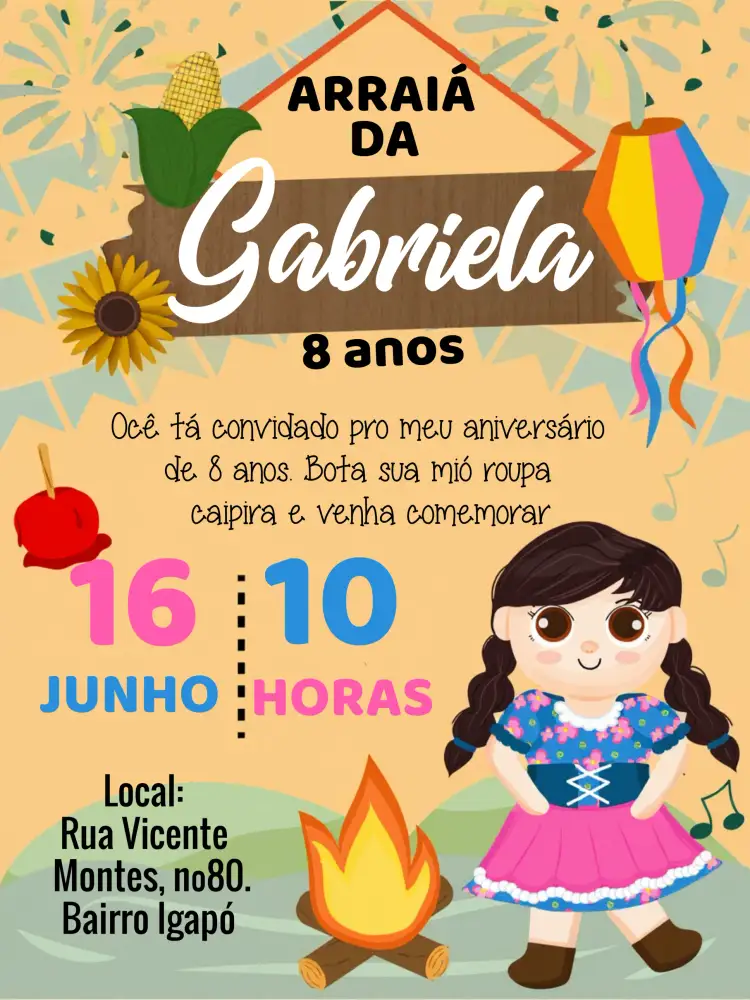 Convite Festa Junina Arraiá Milho – tema Datas Comemorativas colorido, festivo, tradicional, vibrante, rústico, alegre