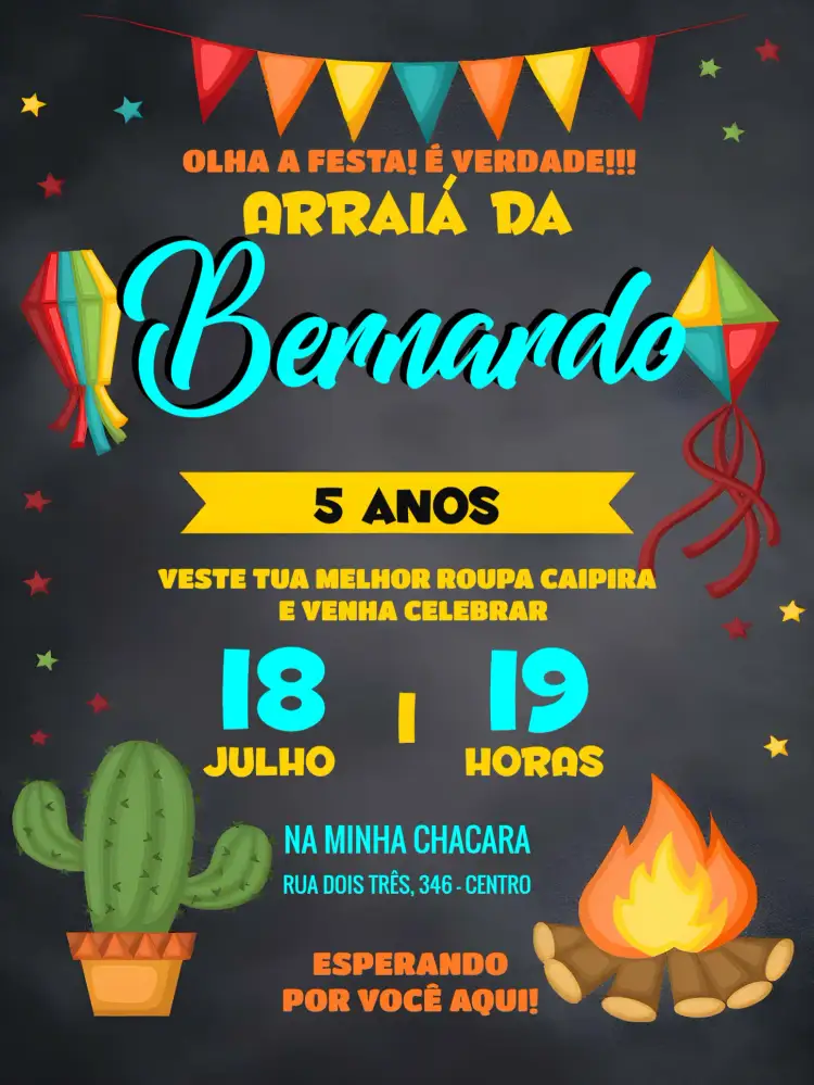 Convite Festa Junina Arraiá Quadrilha – tema Aniversário colorido, tradicional, festivo, vintage, rústico, alegre
