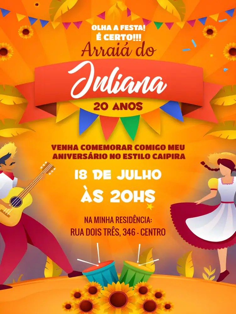 Convite Festa Junina Arraiá Quadrilha – tema Aniversário colorido, tradicional, rústico, vibrante, festa junina, divertido
