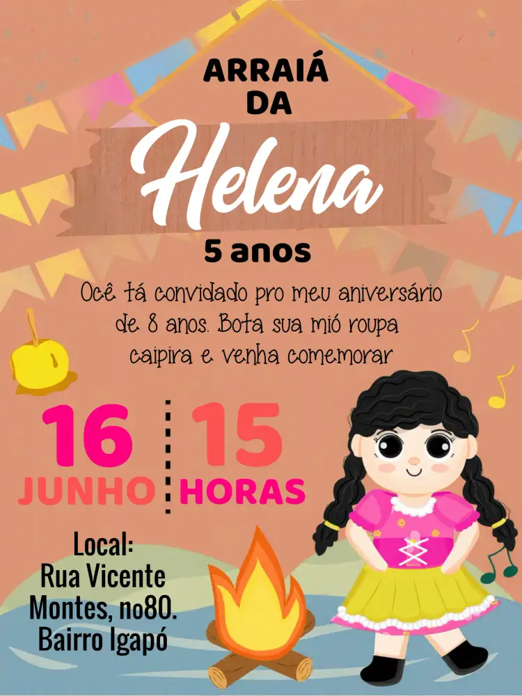 Convite Festa Junina Arraiá São – tema Datas Comemorativas colorido, tradicional, vibrante, festivo, rústico