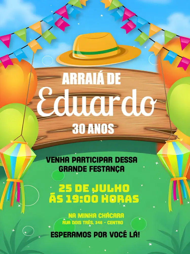 Convite Festa Junina Arraiá Sãojoão – tema Aniversário colorido, tradicional, festivo, vintage, rústico, alegre