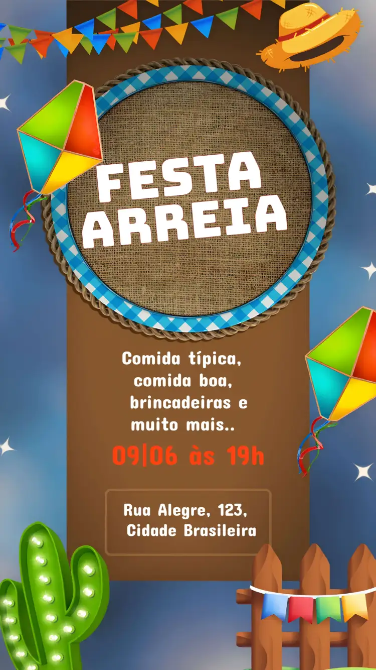 Convite Festa Junina Balão – tema Datas Comemorativas colorido, tradicional, festivo, vibrante, rústico, alegre