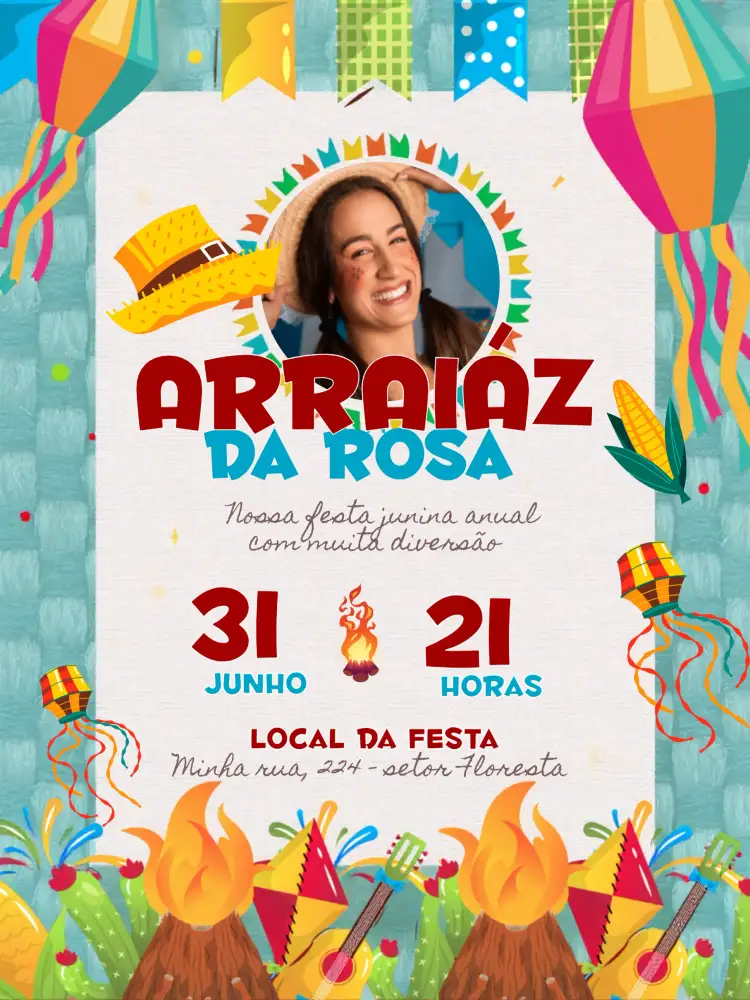Convite Festa Junina Com Foto Arraiá – tema Datas Comemorativas colorido, vintage, rústico, típico, alegre, festivo