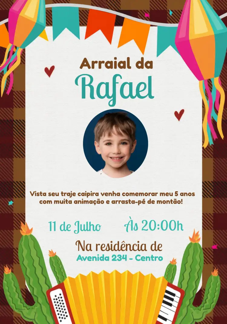 Convite Festa Junina Com Foto São – tema Datas Comemorativas vibrante, colorido, temático, festivo, rústico