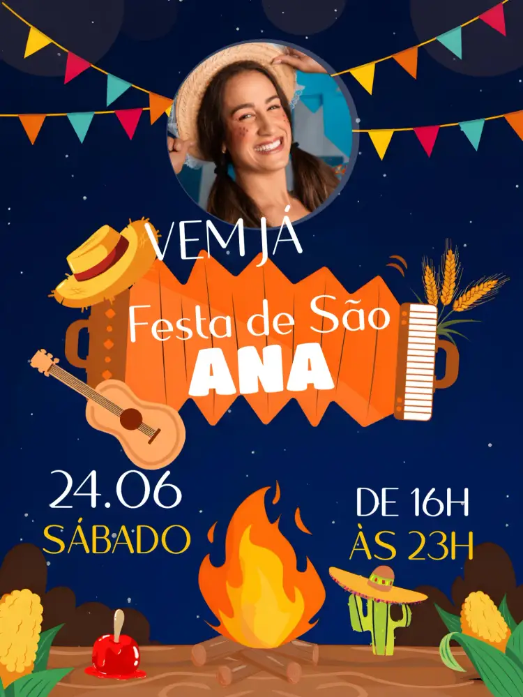 Convite Festa Junina Com Foto São – tema Datas Comemorativas colorido, tradicional, vibrante, festivo, rústico, alegre