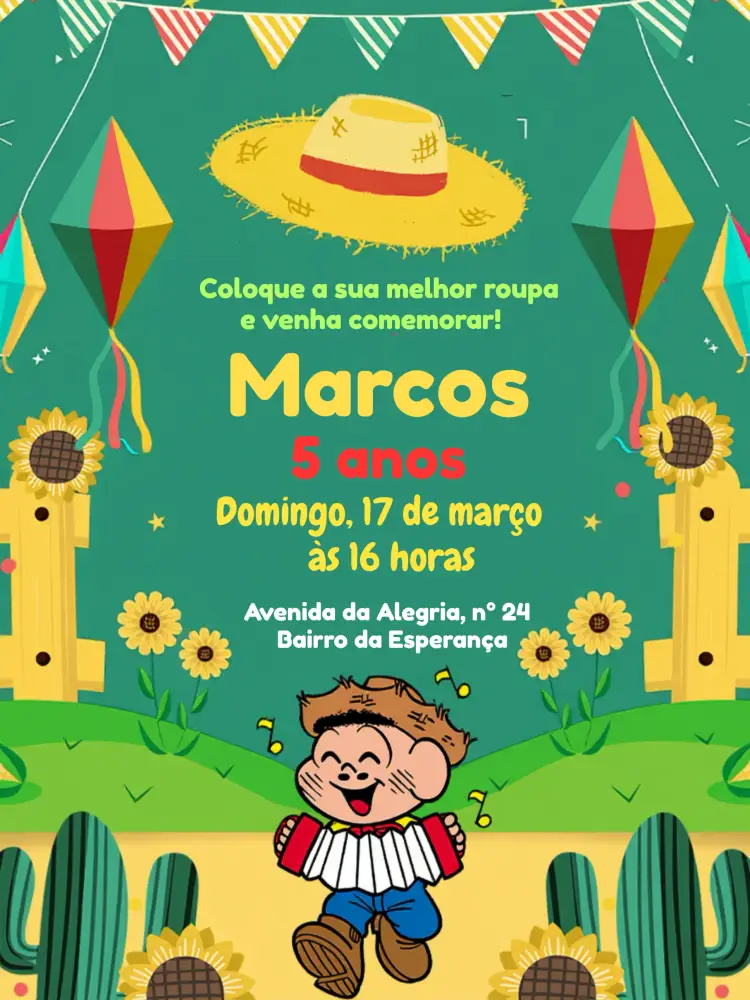 Convite Festa Junina Do Cascão Fogos editável e personalizável