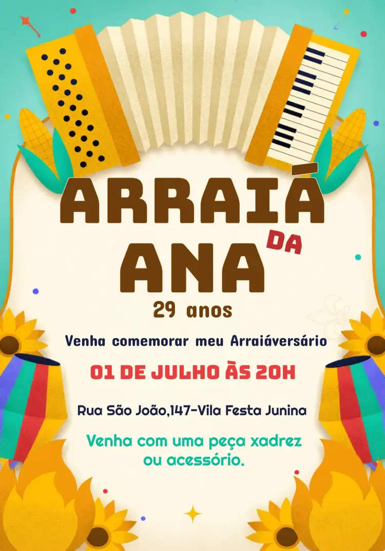 Convite Festa Junina João – tema Datas Comemorativas vibrante, colorido, tradicional, nordestino, rústico, festivo