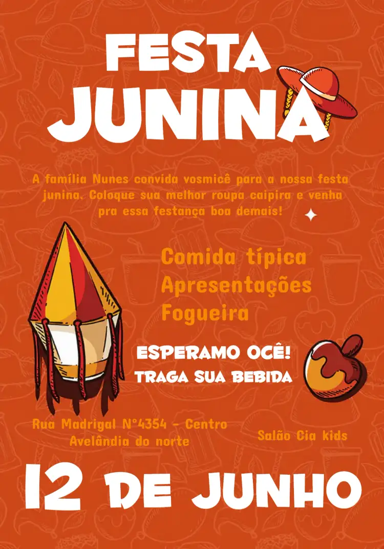 Convite Festa Junina Palha – tema Datas Comemorativas rústico, colorido, vintage, alegre, tradicional, festa temática