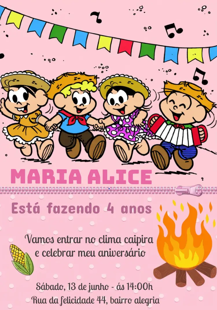 Convite Festa Junina Turma Da Mônica Arraiá editável e personalizável