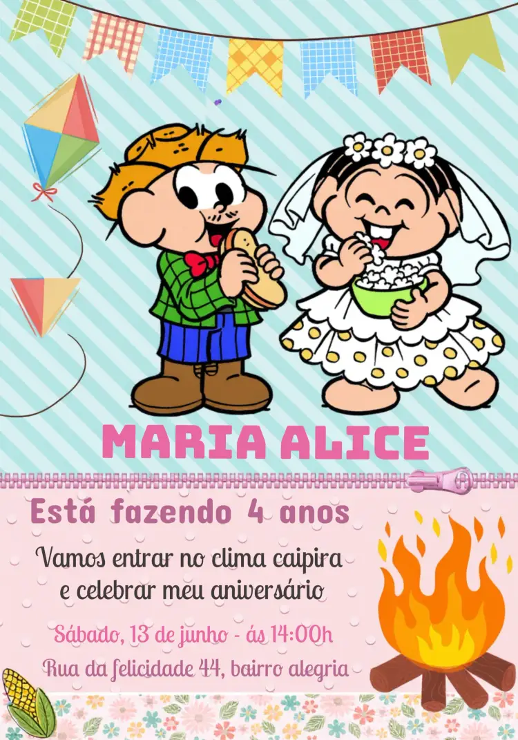 Convite Festa Junina Turma Da Mônica Fogueira editável e personalizável