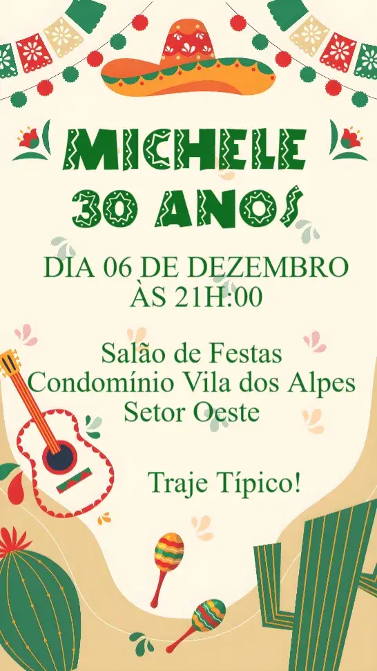 Convite Festa Mexicana – tema Aniversário colorido, vibrante, temático, cultural, alegre, festivo