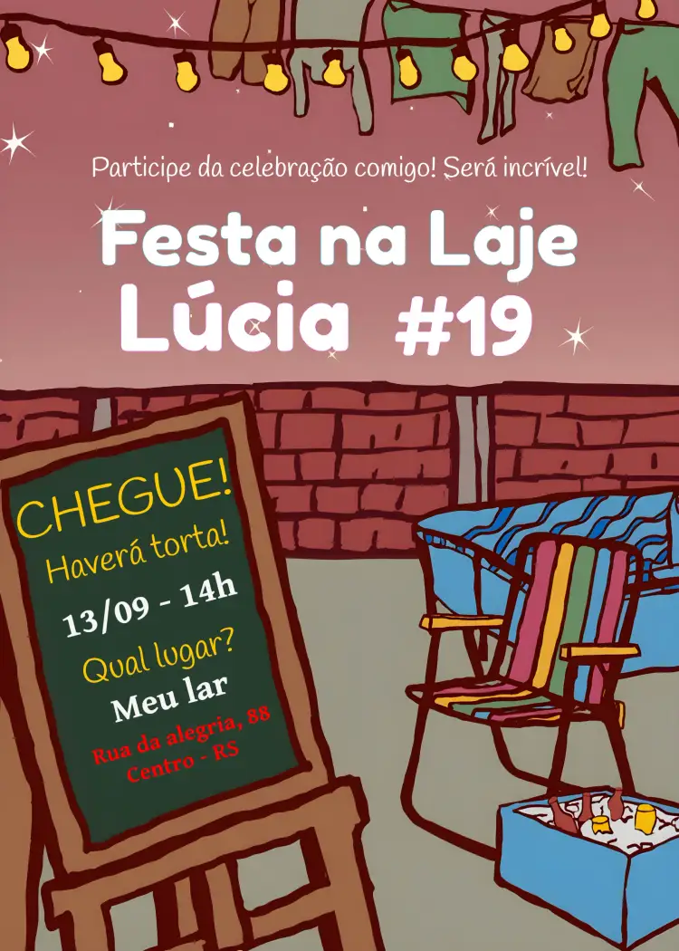 Convite Festa Na Laje Adulto – tema Aniversário colorido, moderno, descontraído, vibrante, festivo