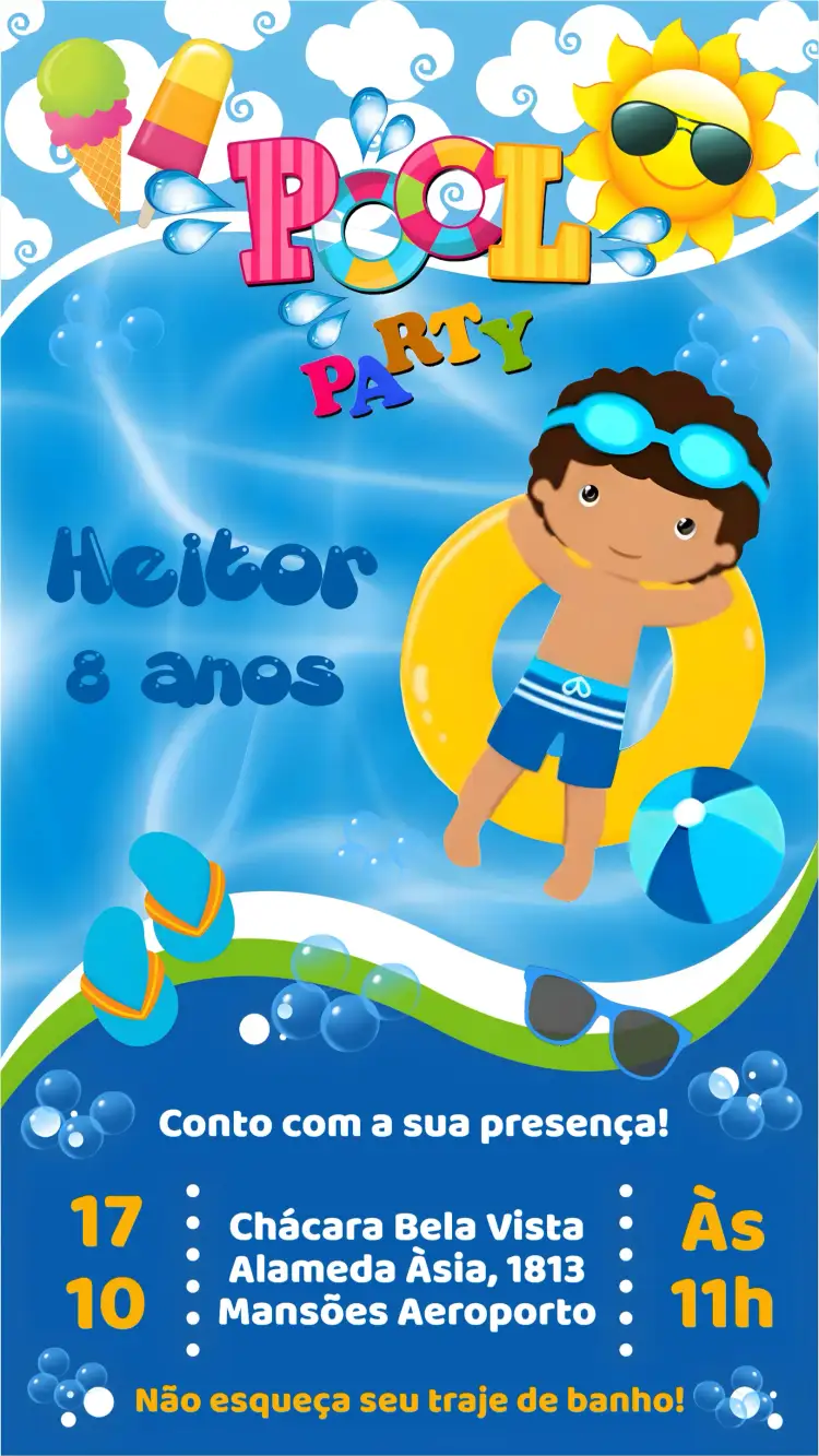 Convite Festa na Piscina – tema Aniversário colorido, tropical, veranil, moderninho, divertido