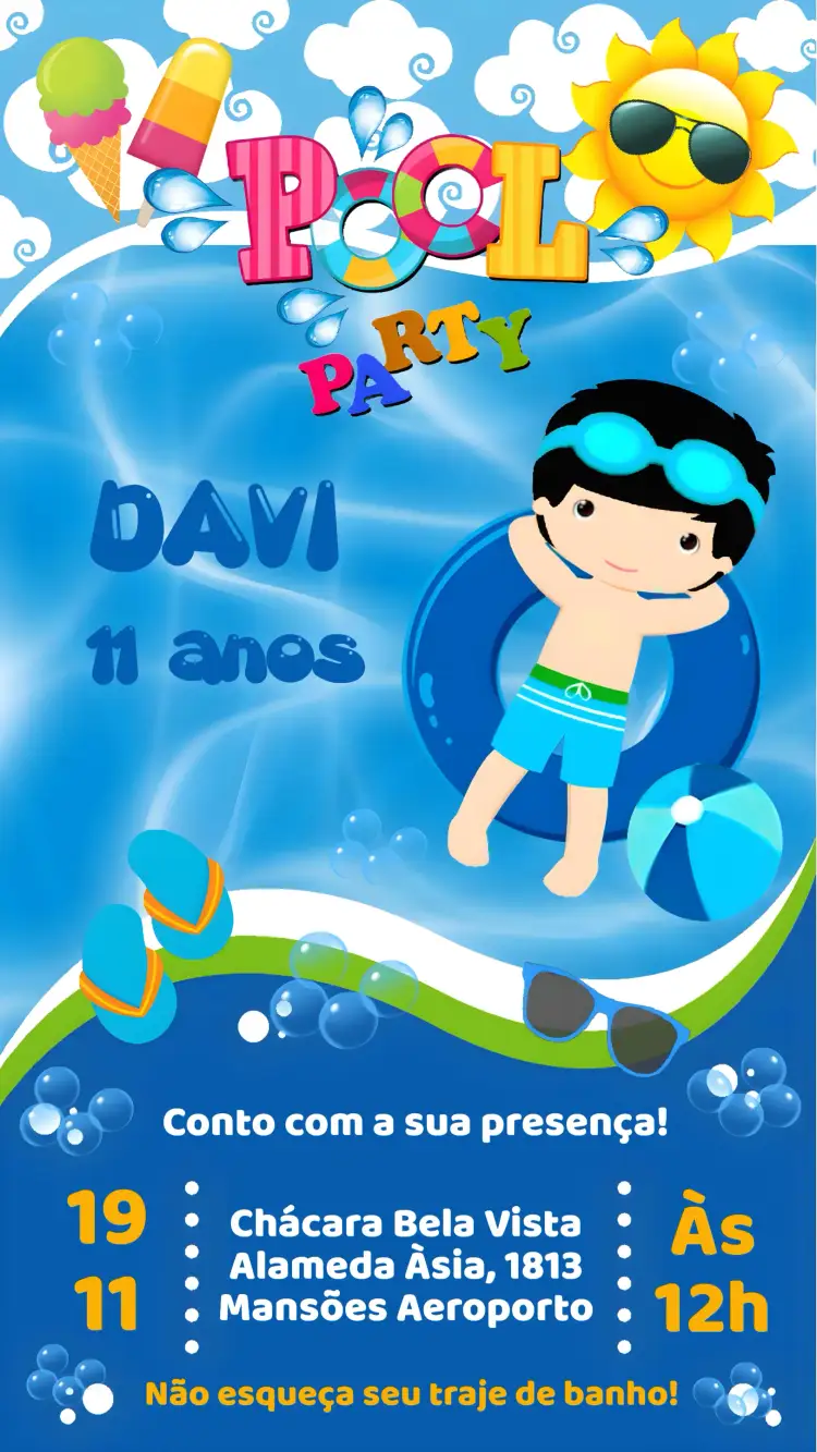 Convite Festa na Piscina – tema Aniversário colorido, tropical, divertido, veranil, jovial, animado