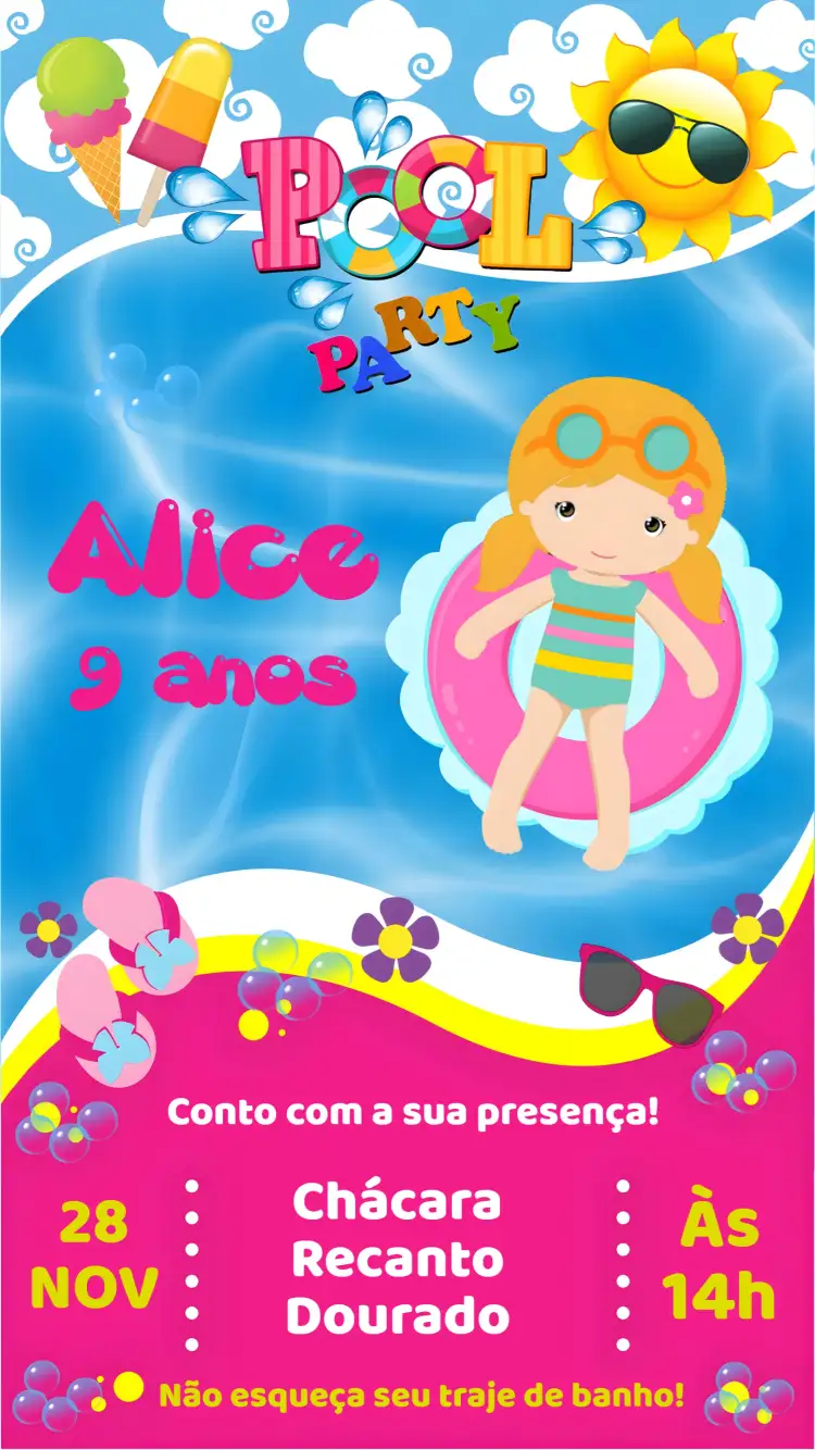 Convite Festa na Piscina – tema Aniversário verão, tropical, colorido, divertido, vibrante, praiano