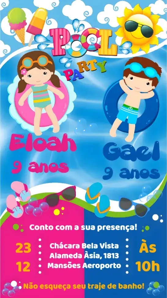 Convite Festa na Piscina – tema Aniversário Infantil colorido, tropical, verão, divertido, aquático, ilustrações de piscina